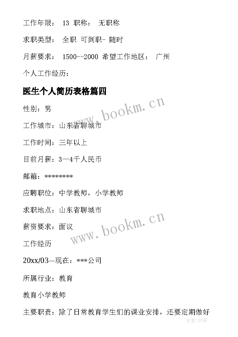 最新医生个人简历表格 个人简历手写求职(精选10篇)