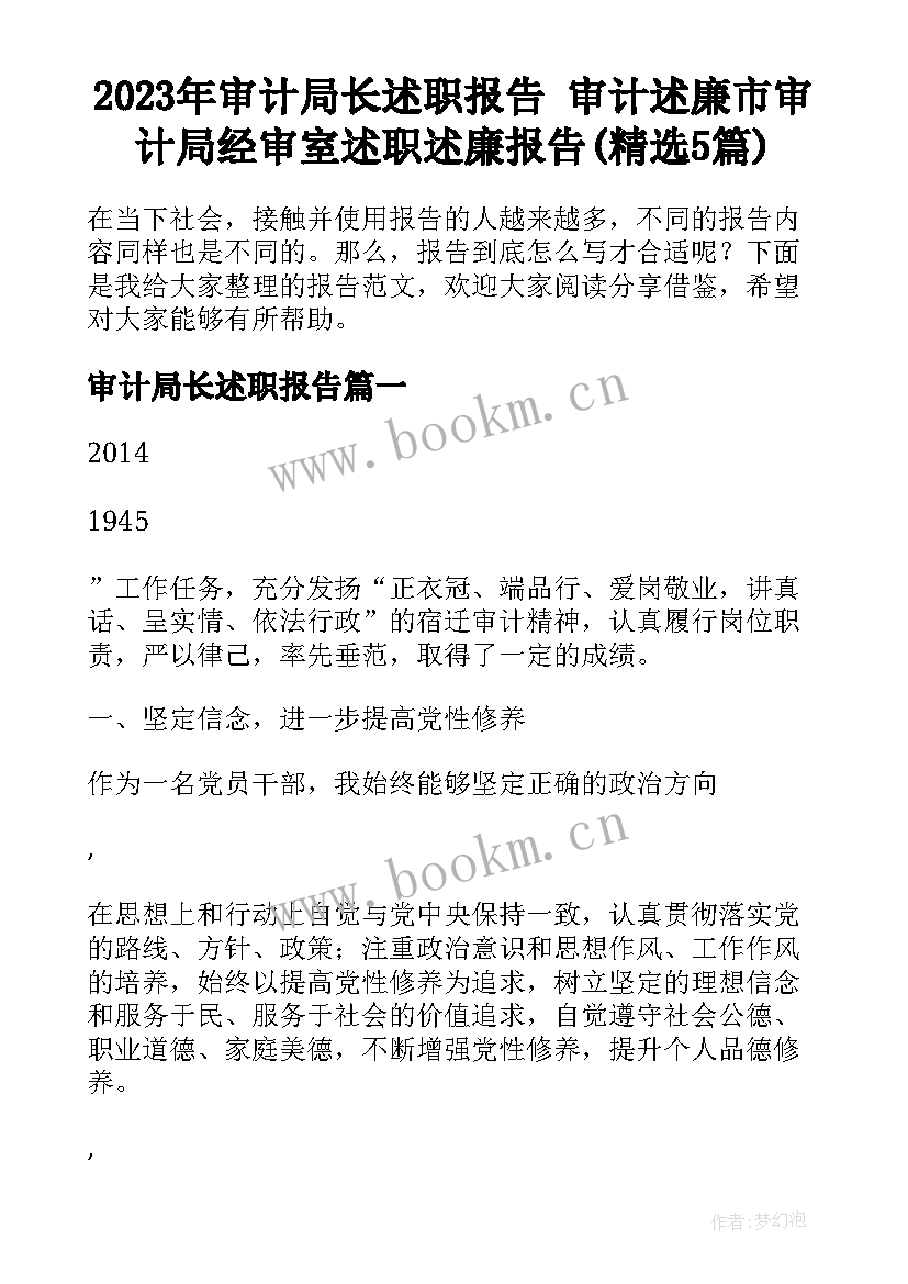 2023年审计局长述职报告 审计述廉市审计局经审室述职述廉报告(精选5篇)