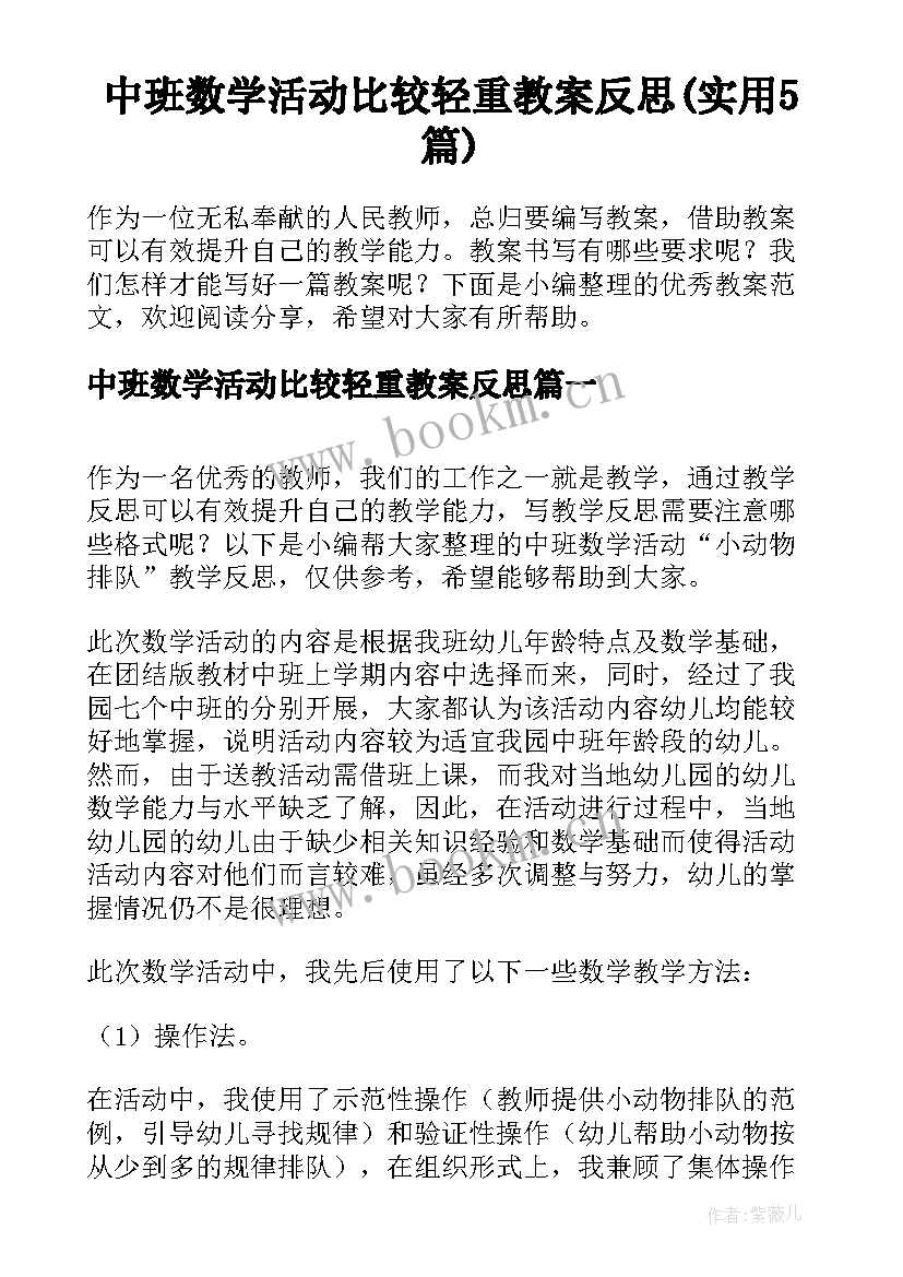 中班数学活动比较轻重教案反思(实用5篇)