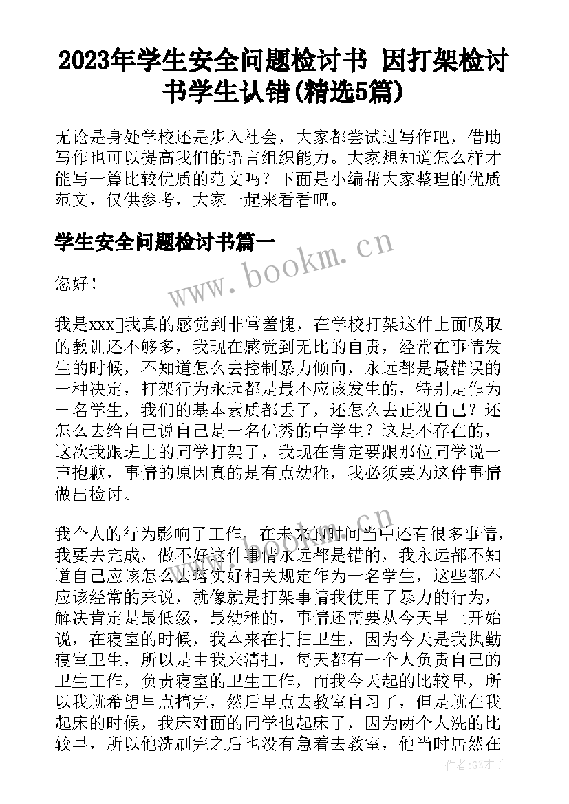 2023年学生安全问题检讨书 因打架检讨书学生认错(精选5篇)