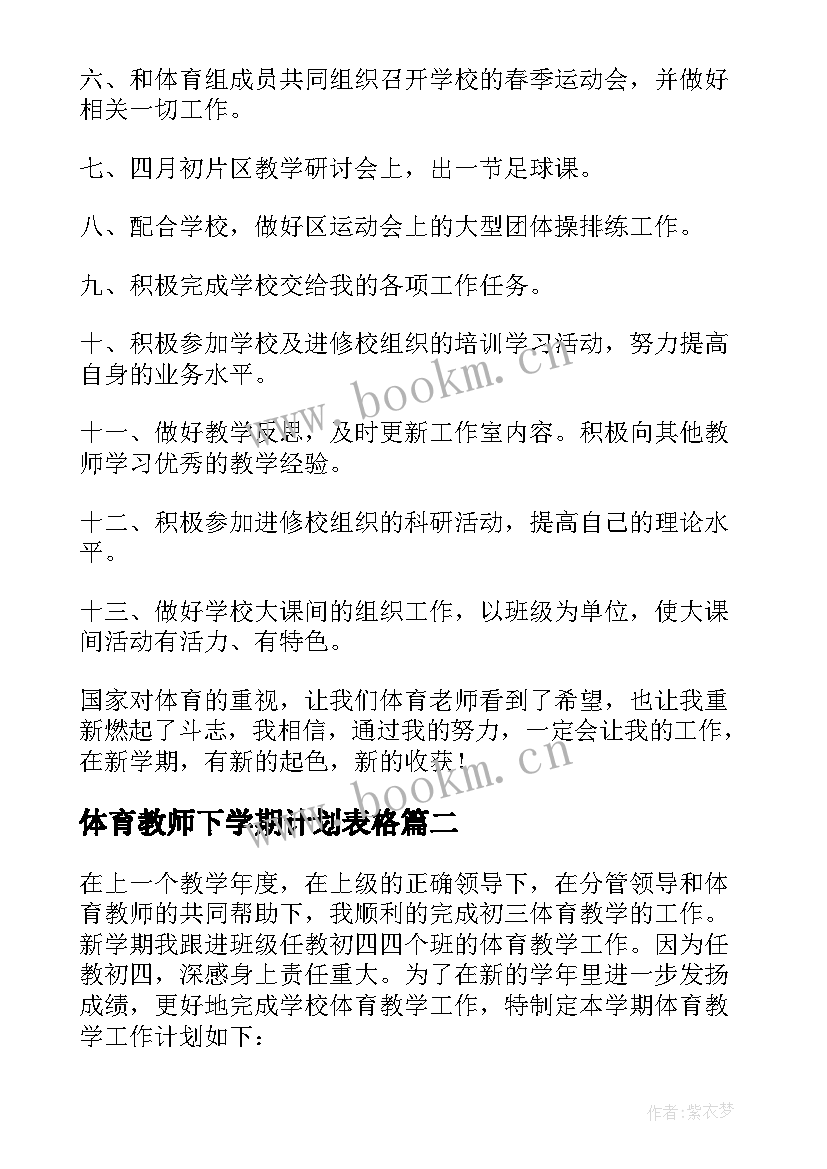 最新体育教师下学期计划表格(精选5篇)