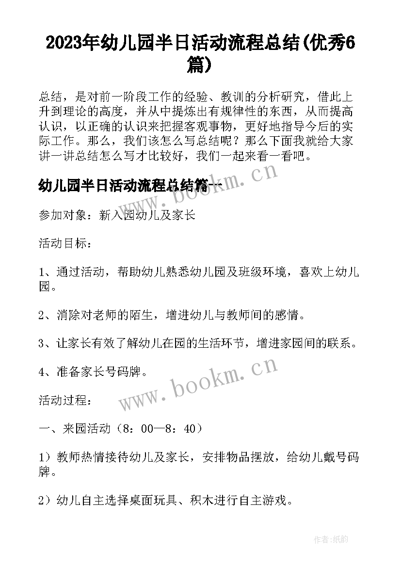 2023年幼儿园半日活动流程总结(优秀6篇)