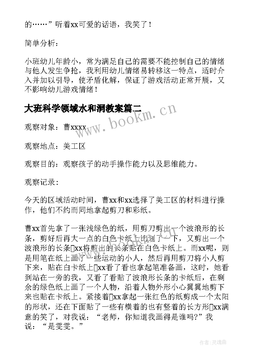 大班科学领域水和洞教案 大班区域活动观察记录(汇总5篇)