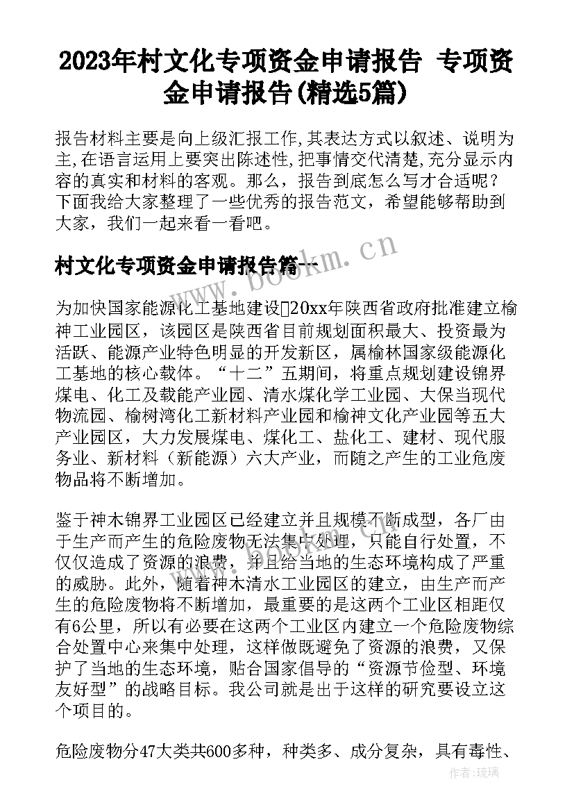 2023年村文化专项资金申请报告 专项资金申请报告(精选5篇)