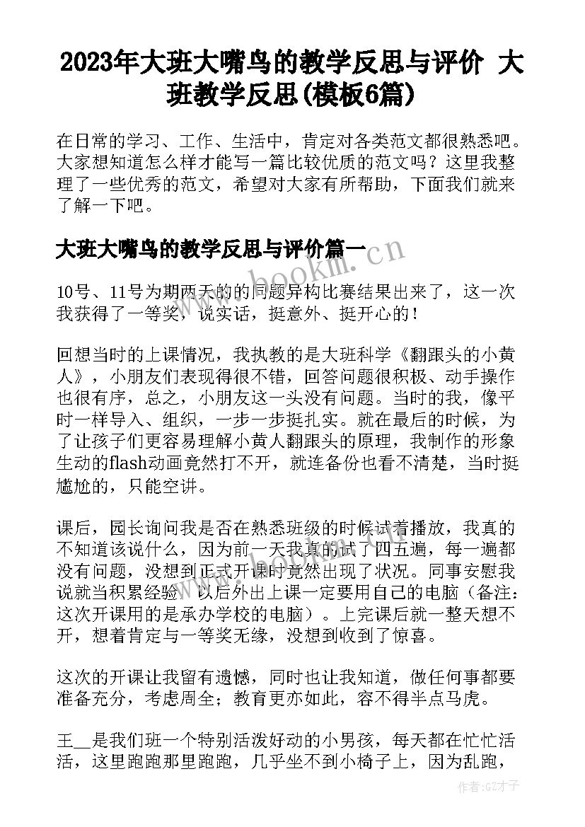 2023年大班大嘴鸟的教学反思与评价 大班教学反思(模板6篇)