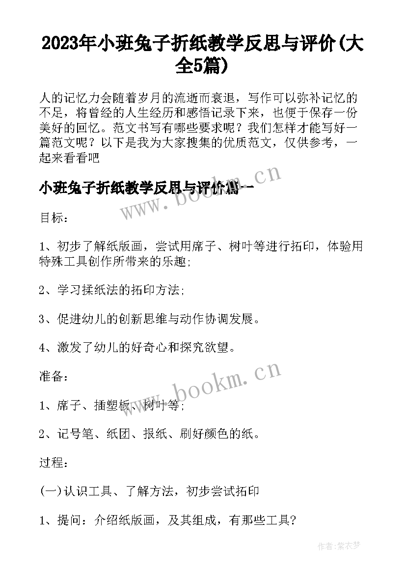 2023年小班兔子折纸教学反思与评价(大全5篇)