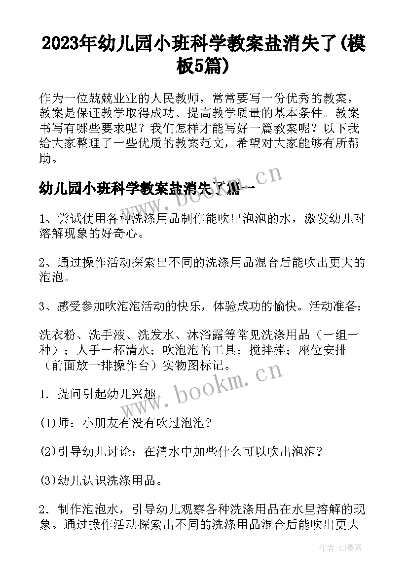 2023年幼儿园小班科学教案盐消失了(模板5篇)