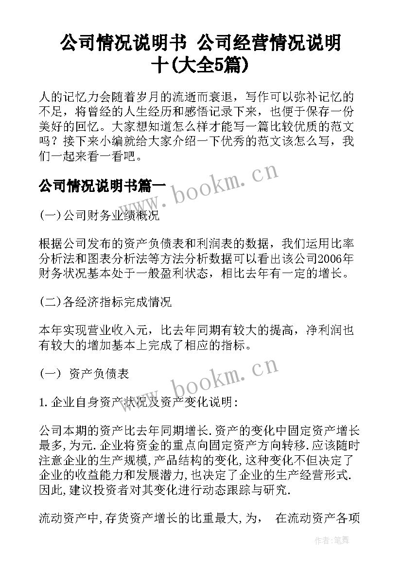 公司情况说明书 公司经营情况说明十(大全5篇)