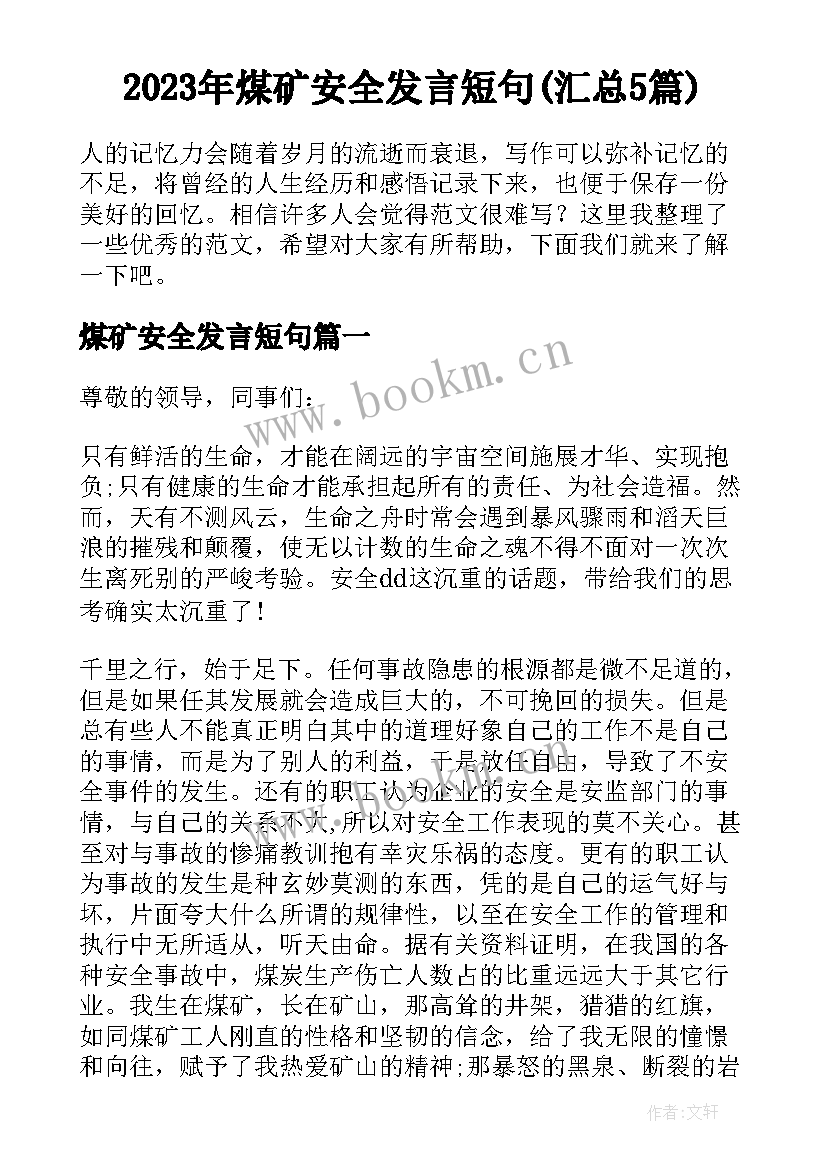 2023年煤矿安全发言短句(汇总5篇)