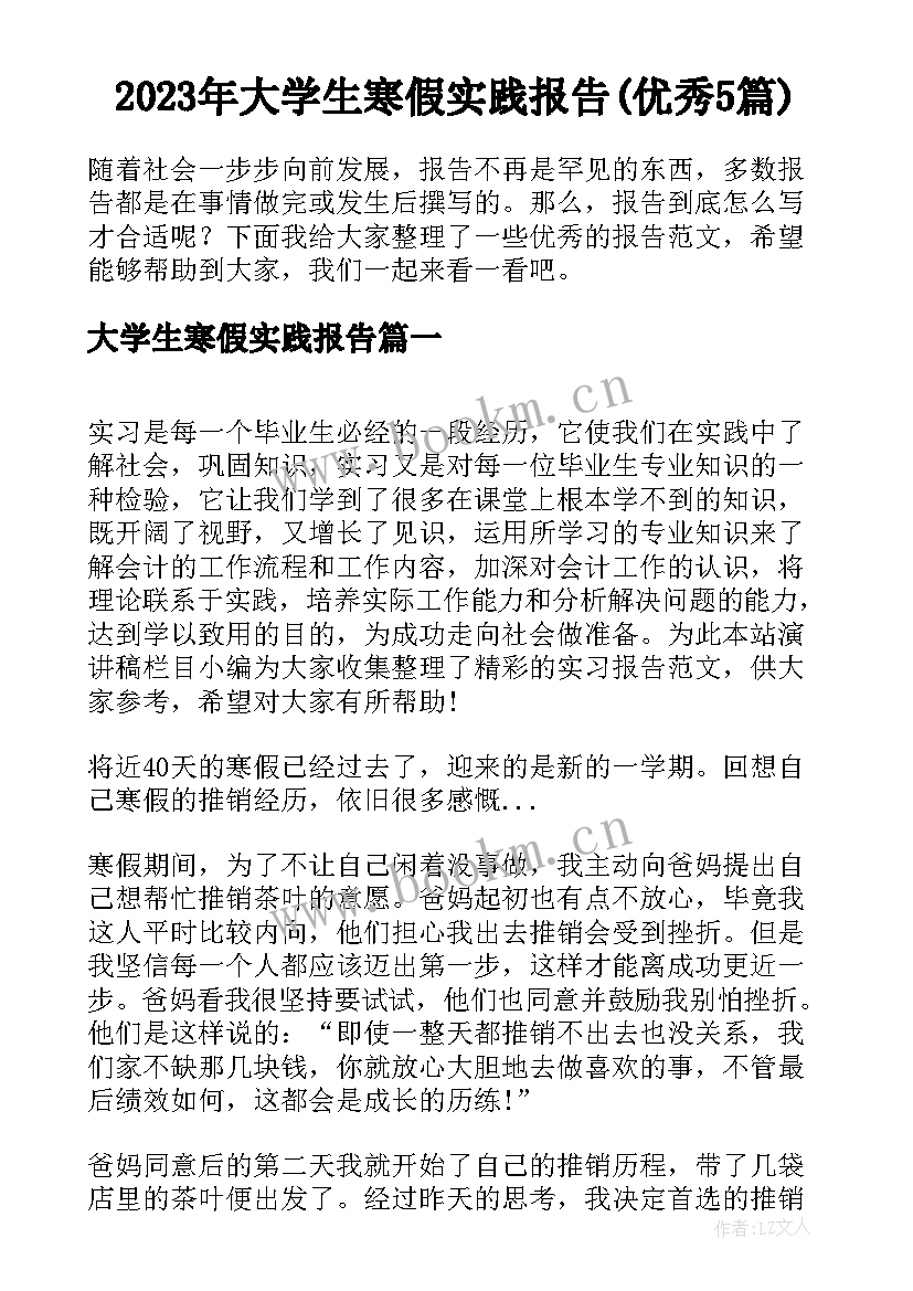 2023年大学生寒假实践报告(优秀5篇)