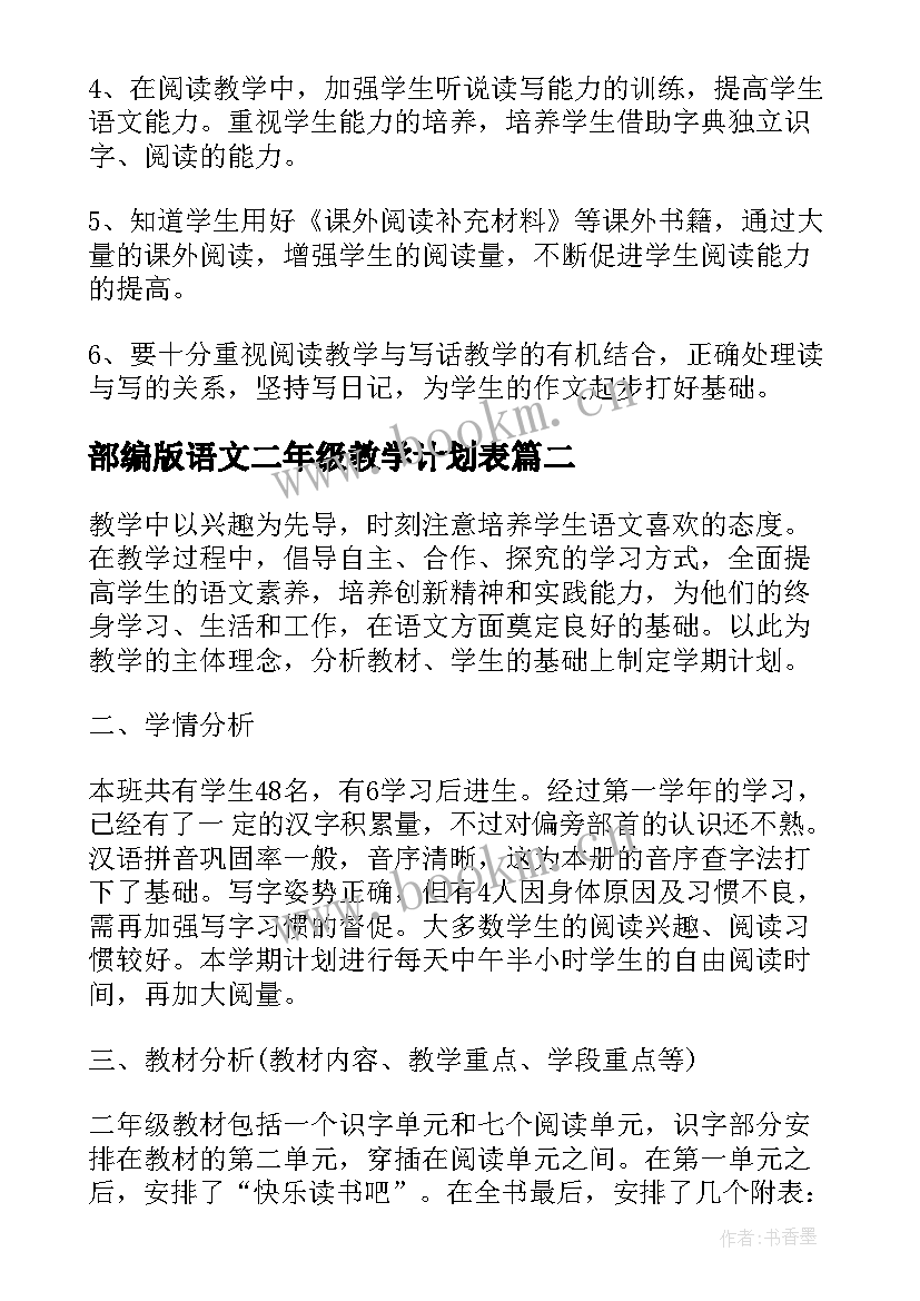 最新部编版语文二年级教学计划表 部编版二年级语文教学计划(通用5篇)