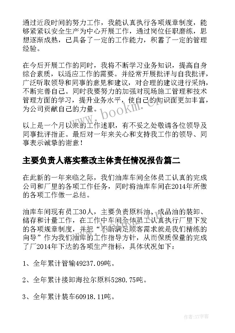 主要负责人落实整改主体责任情况报告(优质5篇)