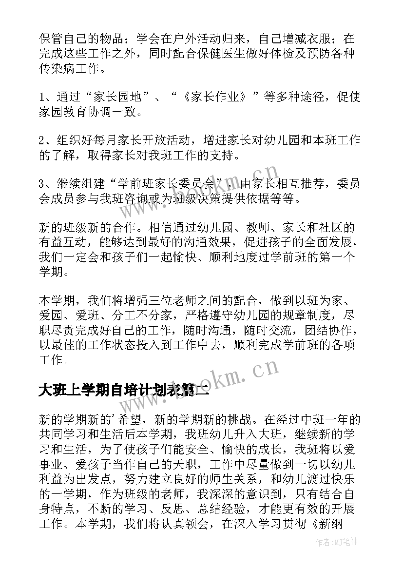 2023年大班上学期自培计划表 大班上学期工作计划(通用5篇)