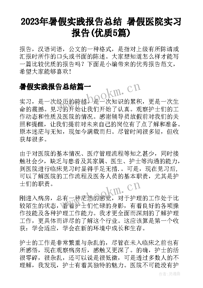 2023年暑假实践报告总结 暑假医院实习报告(优质5篇)