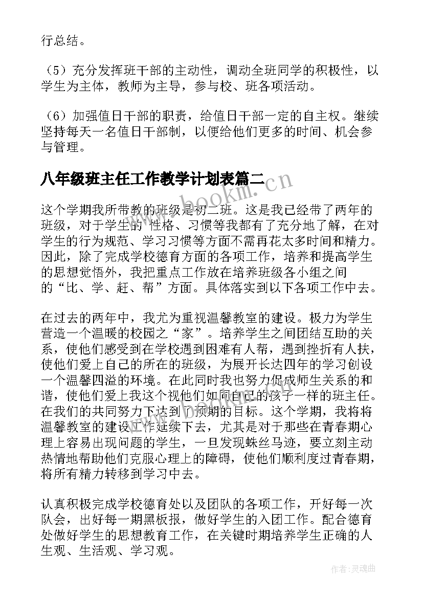 2023年八年级班主任工作教学计划表 八年级班主任教学计划(大全7篇)