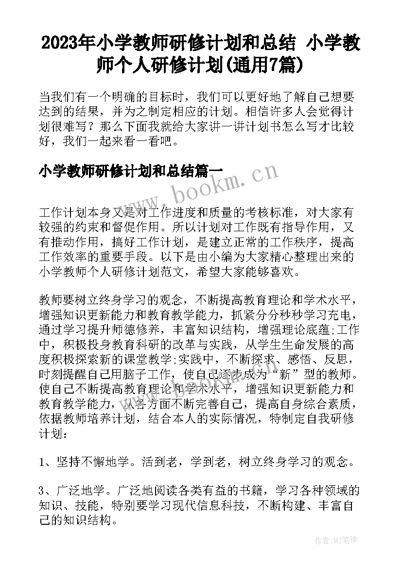 2023年小学教师研修计划和总结 小学教师个人研修计划(通用7篇)