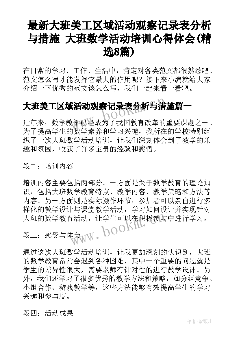 最新大班美工区域活动观察记录表分析与措施 大班数学活动培训心得体会(精选8篇)