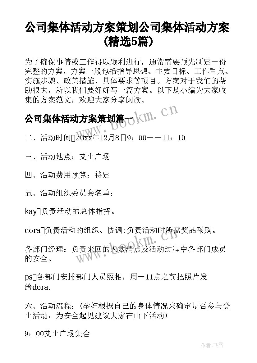 公司集体活动方案策划 公司集体活动方案(精选5篇)