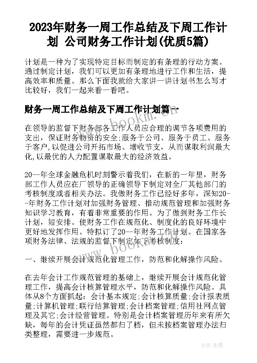 2023年财务一周工作总结及下周工作计划 公司财务工作计划(优质5篇)