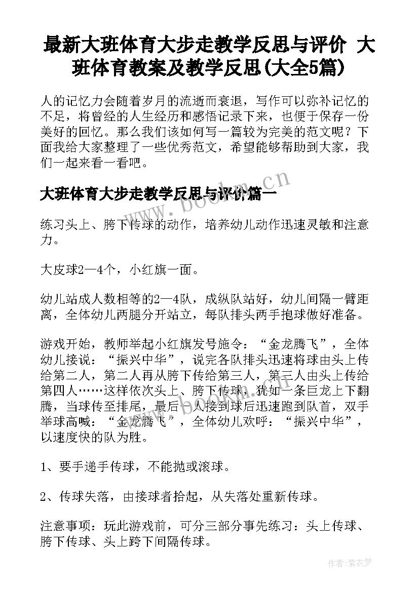 最新大班体育大步走教学反思与评价 大班体育教案及教学反思(大全5篇)