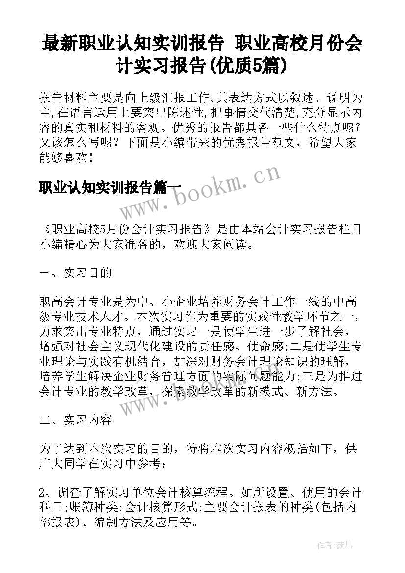 最新职业认知实训报告 职业高校月份会计实习报告(优质5篇)