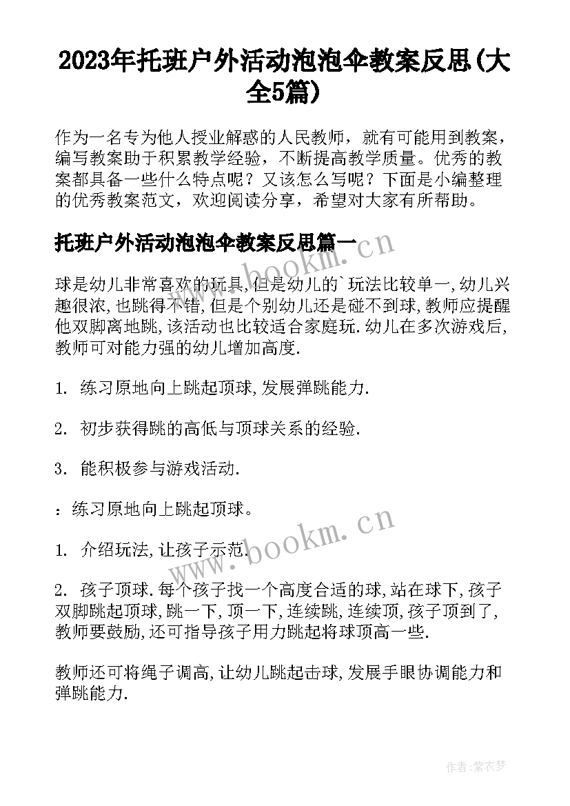 2023年托班户外活动泡泡伞教案反思(大全5篇)