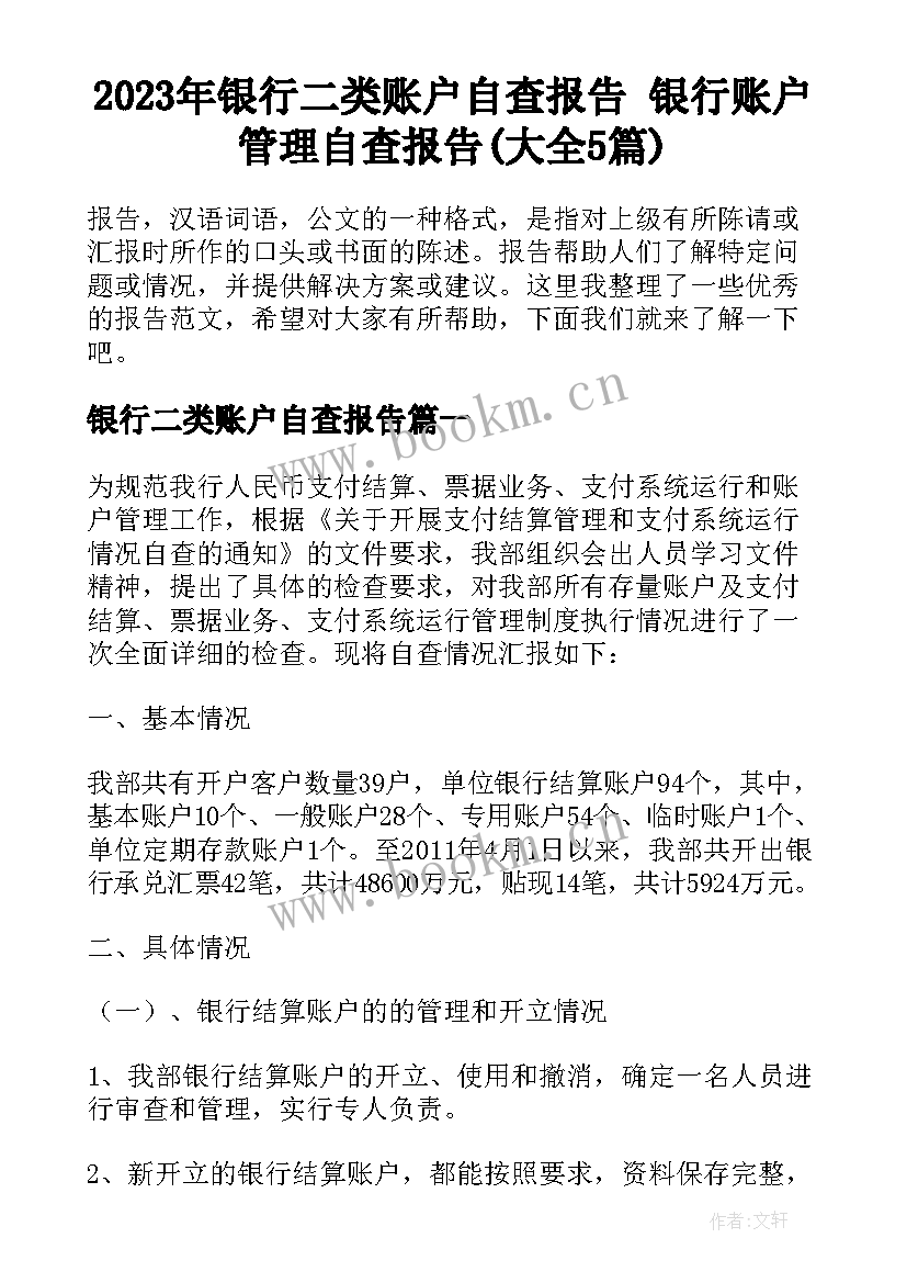 2023年银行二类账户自查报告 银行账户管理自查报告(大全5篇)