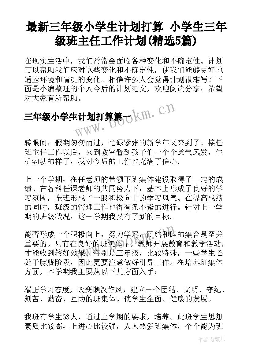 最新三年级小学生计划打算 小学生三年级班主任工作计划(精选5篇)