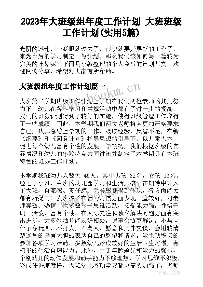 2023年大班级组年度工作计划 大班班级工作计划(实用5篇)