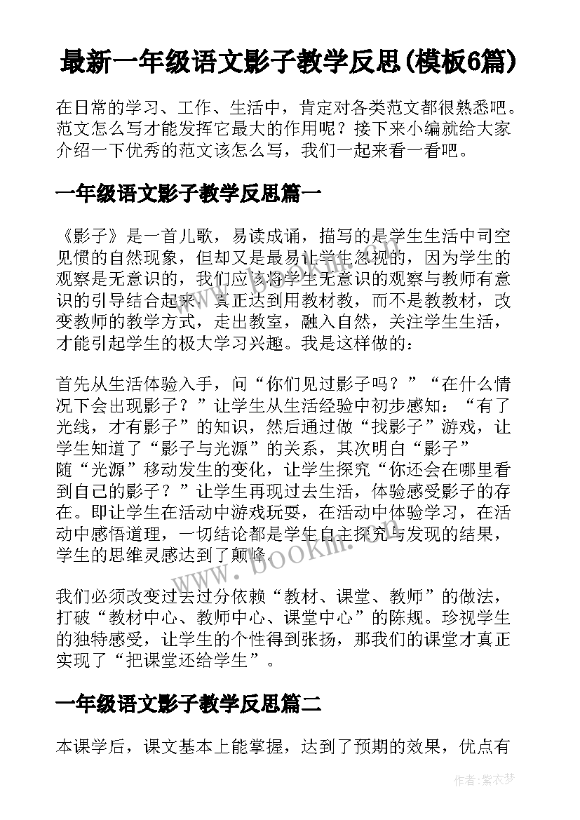 最新一年级语文影子教学反思(模板6篇)