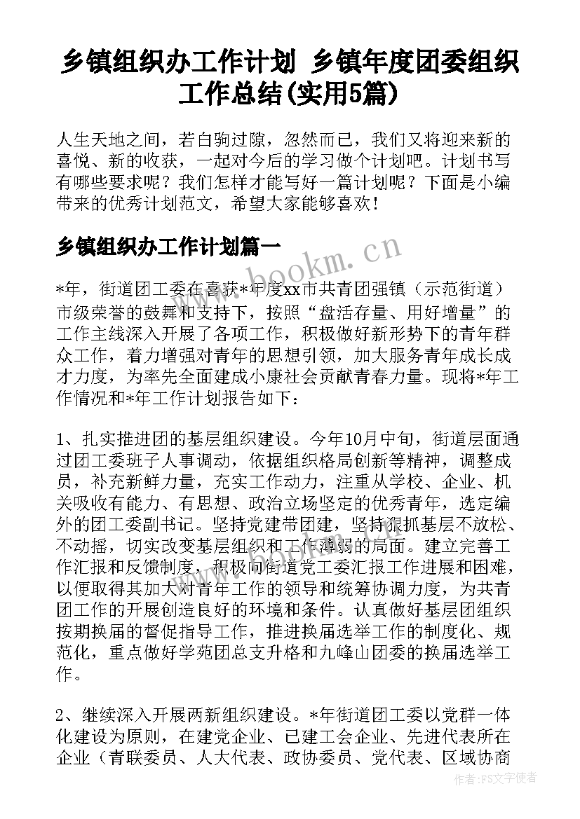 乡镇组织办工作计划 乡镇年度团委组织工作总结(实用5篇)