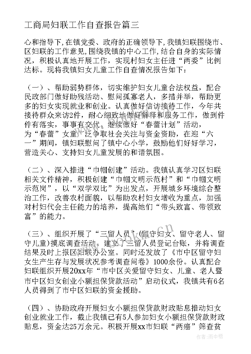 工商局妇联工作自查报告(汇总5篇)