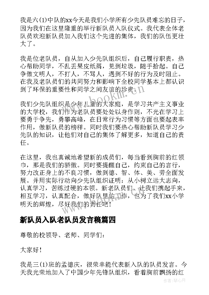 新队员入队老队员发言稿 少先队新队员入队仪式老队员代表发言稿(优秀8篇)