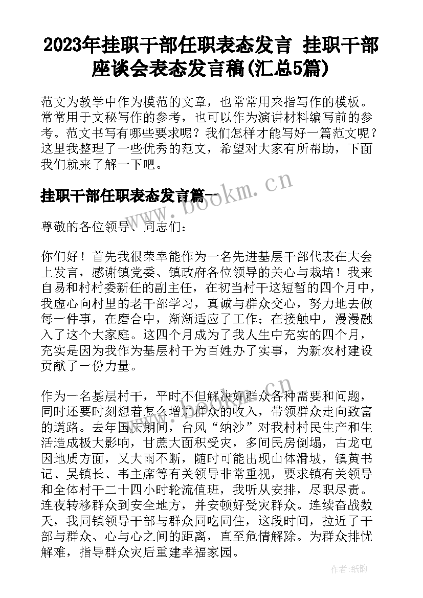 2023年挂职干部任职表态发言 挂职干部座谈会表态发言稿(汇总5篇)