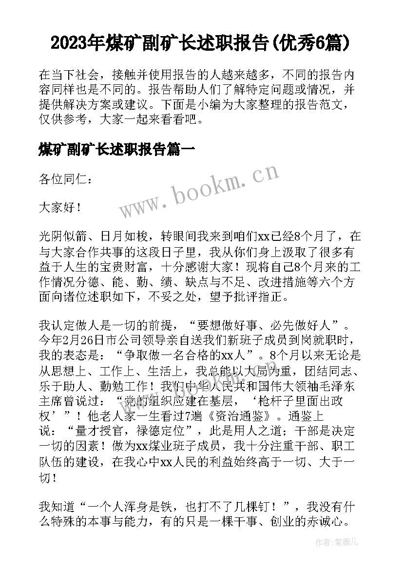 2023年煤矿副矿长述职报告(优秀6篇)