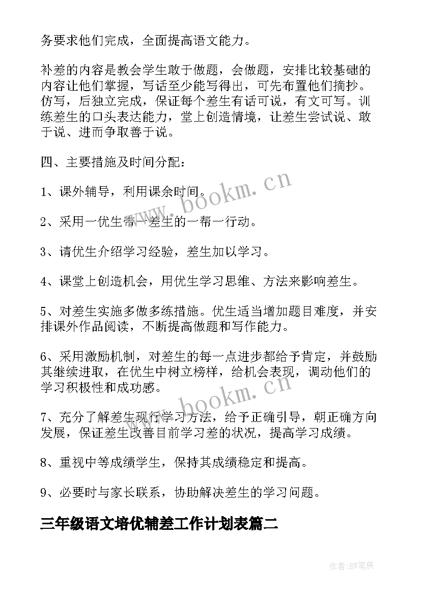 最新三年级语文培优辅差工作计划表(精选5篇)