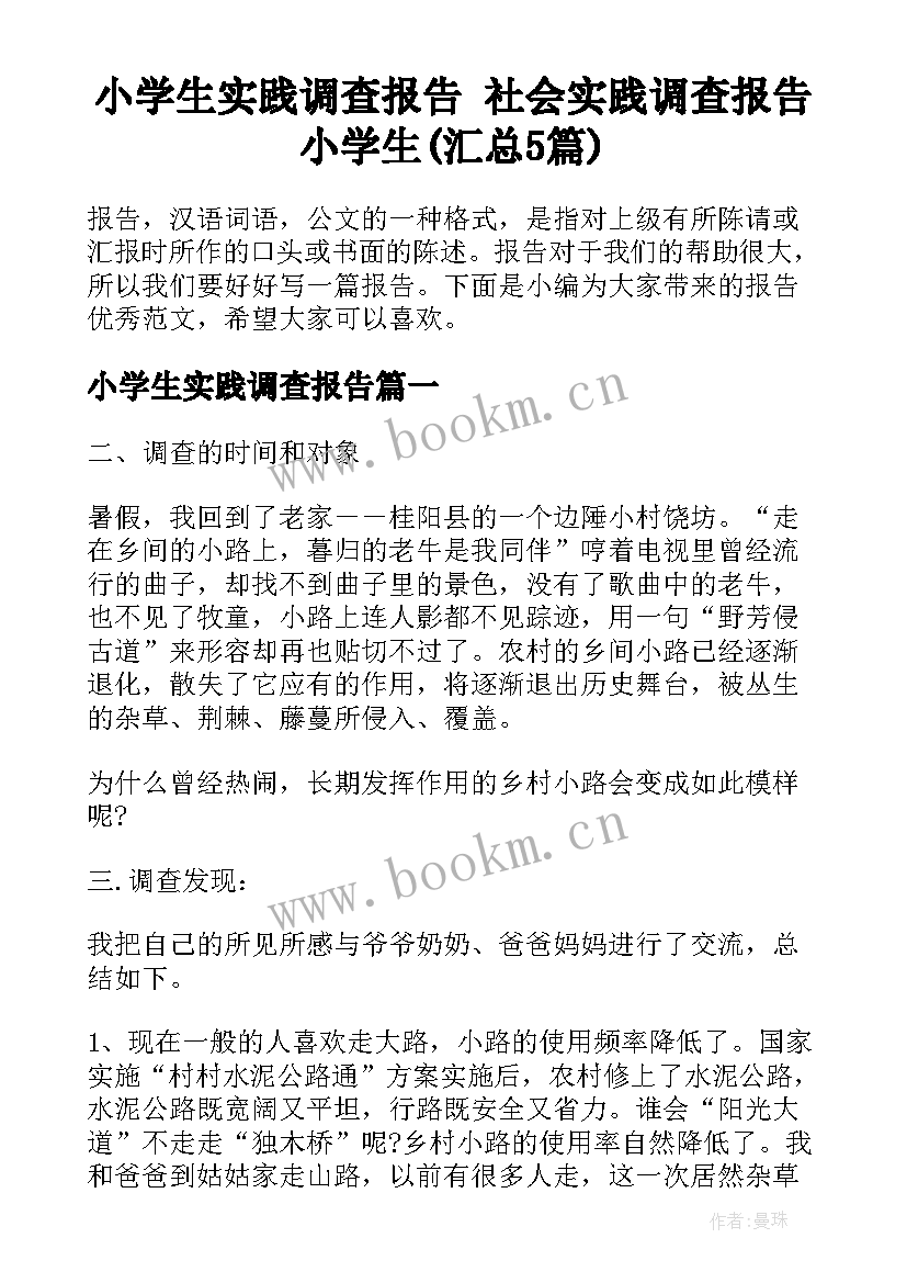 小学生实践调查报告 社会实践调查报告小学生(汇总5篇)