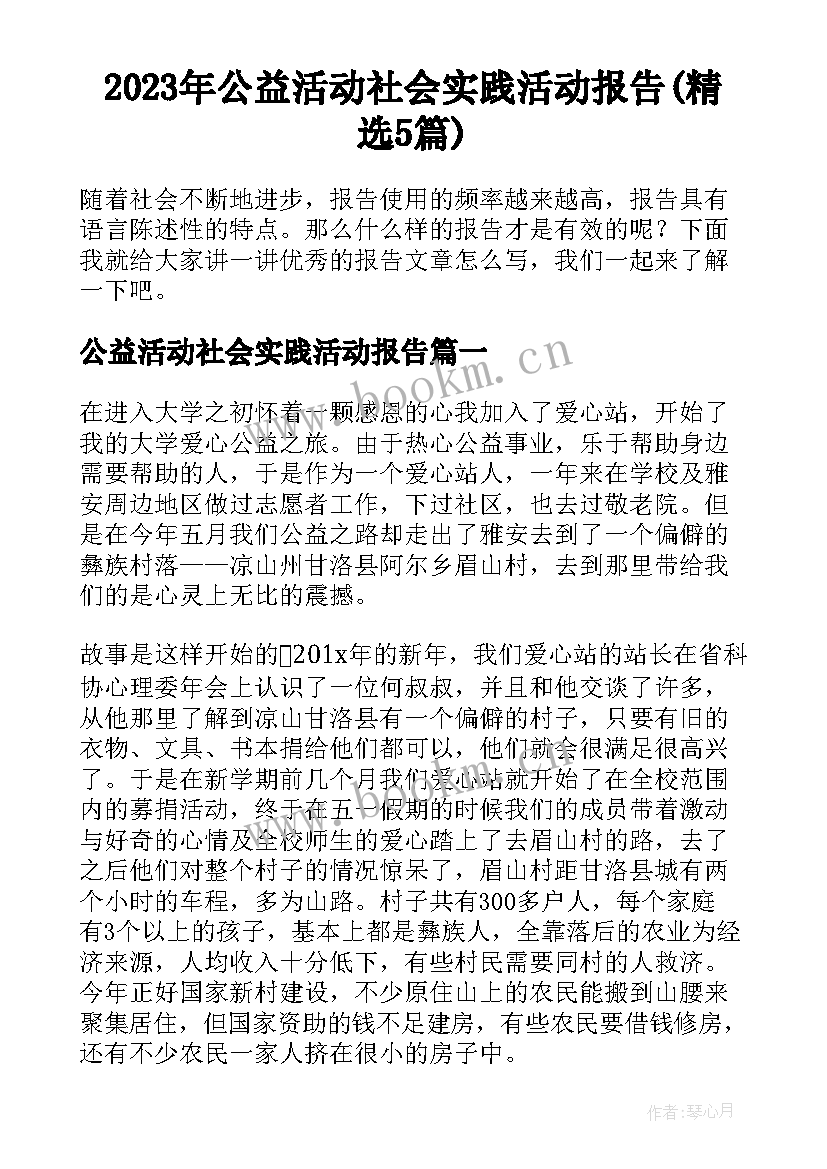 2023年公益活动社会实践活动报告(精选5篇)