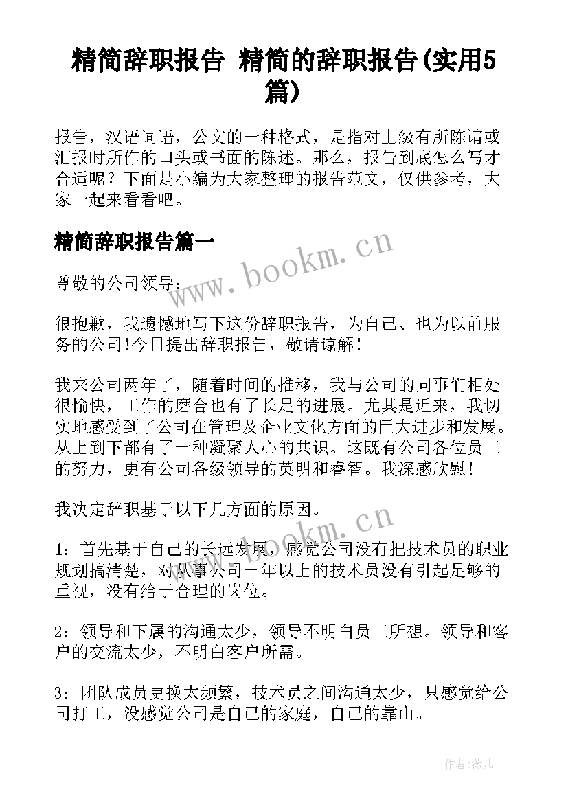 精简辞职报告 精简的辞职报告(实用5篇)