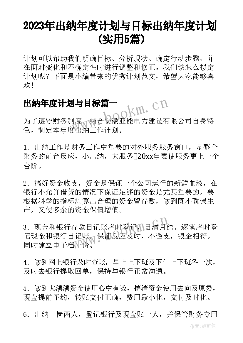 2023年出纳年度计划与目标 出纳年度计划(实用5篇)