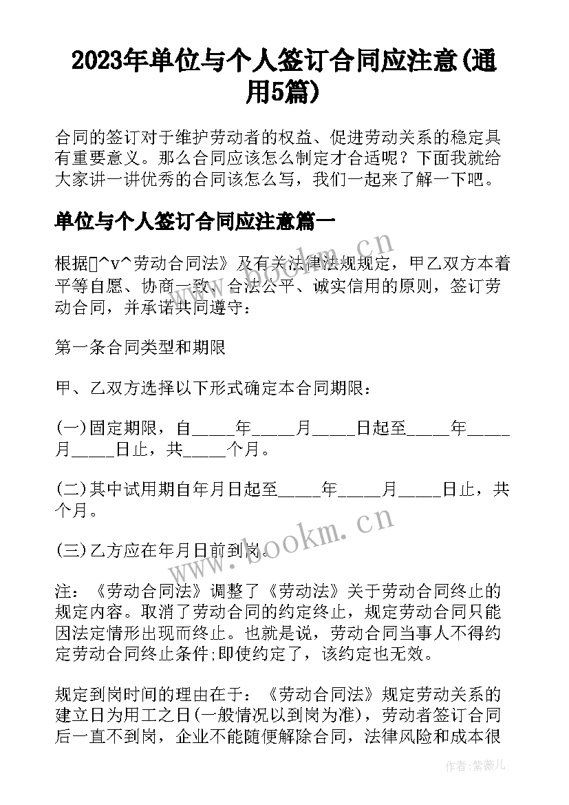 2023年单位与个人签订合同应注意(通用5篇)