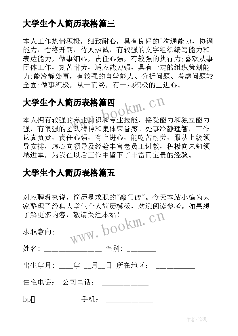 最新大学生个人简历表格 大学生个人简历(模板5篇)