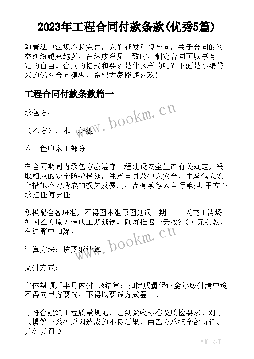 2023年工程合同付款条款(优秀5篇)