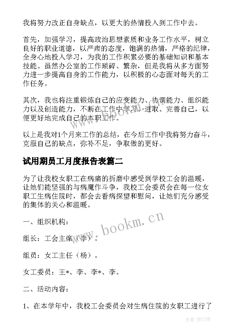 试用期员工月度报告表 试用期月度总结报告个人(优秀5篇)