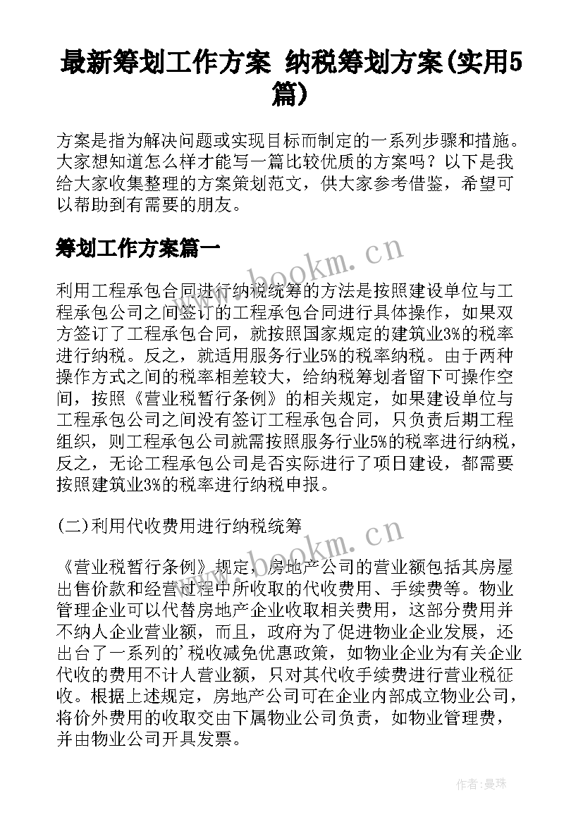 最新筹划工作方案 纳税筹划方案(实用5篇)