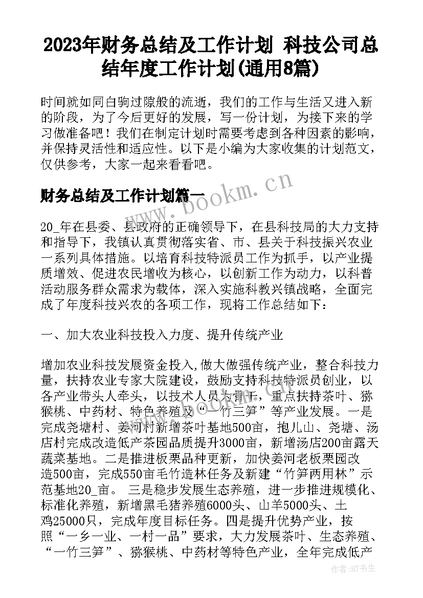 2023年财务总结及工作计划 科技公司总结年度工作计划(通用8篇)