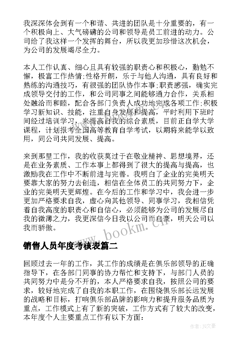 最新销售人员年度考核表 销售人员年度工作总结(通用5篇)