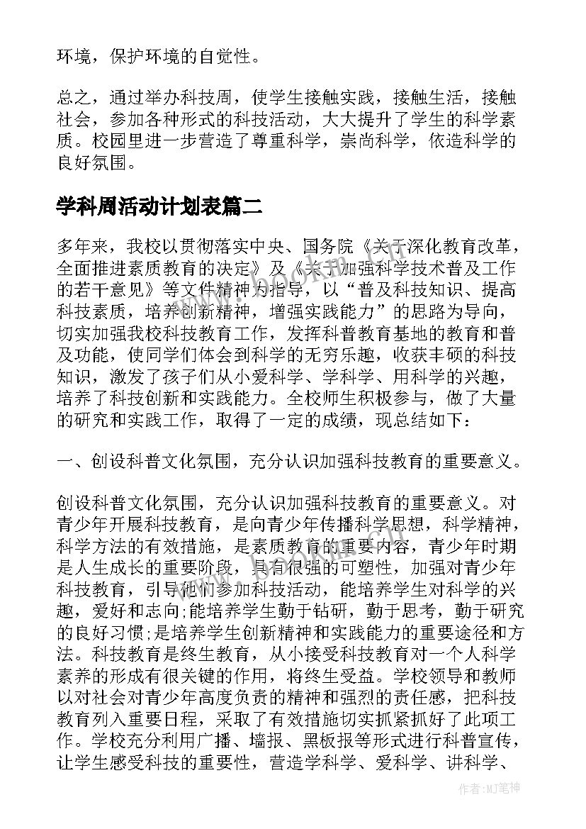 学科周活动计划表 小学科技周活动总结(大全5篇)