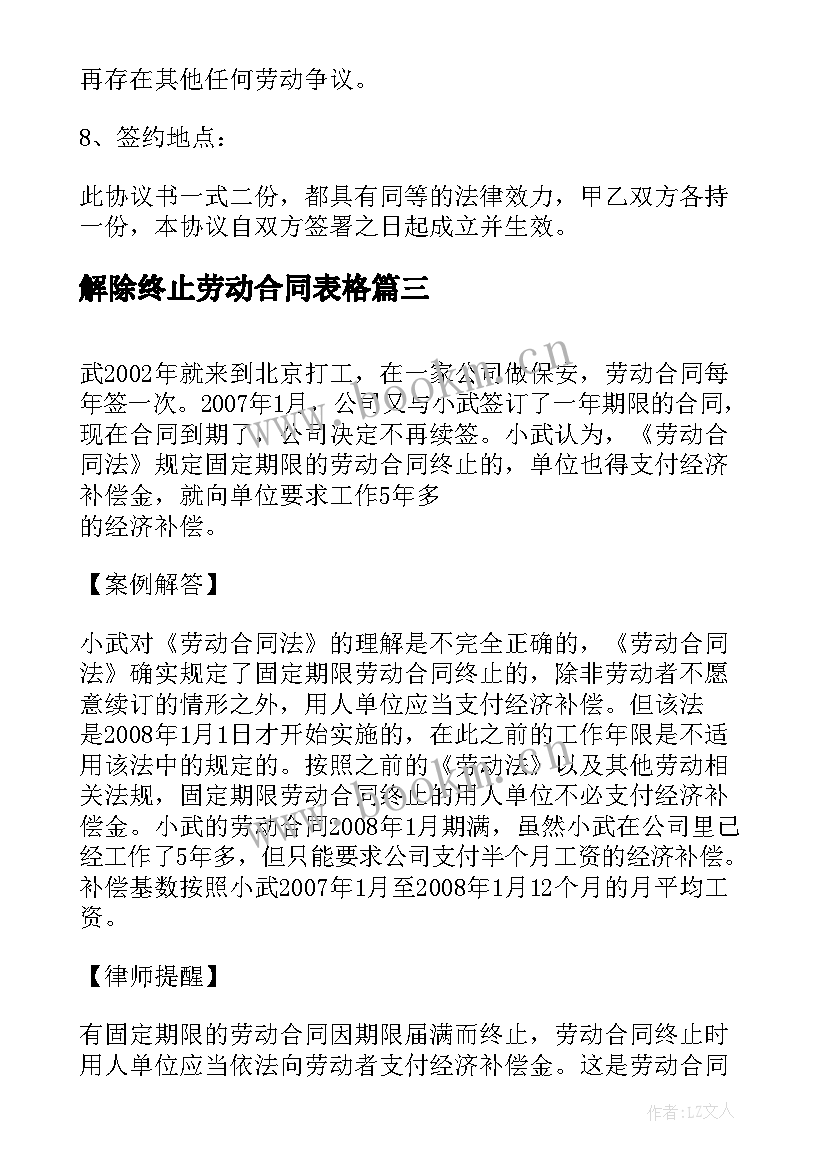 最新解除终止劳动合同表格 解除终止劳动合同(优秀8篇)