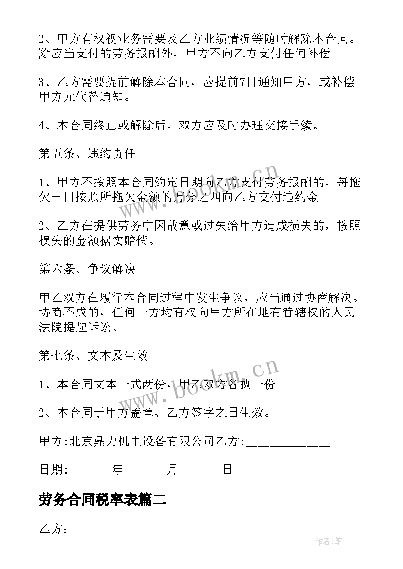 最新劳务合同税率表(实用9篇)